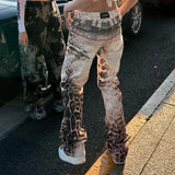 Shopmocho American Retro Leopard Print Gradient Wash Jeans Y2K Street Hip Hop Old Trousers Fashion Casual High Waist Straight Denim Pants