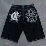 SHOPMOCHO Baggy Y2K New Trend Harajuku Hip-Hop Rock Joker Street Mens Sports Pants Gothic Retro Embroidery Loose American Denim Shorts