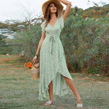 Shopmocho New Style Elegant Long Dress Women's Short-sleeved V-neck Bohemian Strappy Holiday Dress