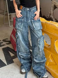 SHOPMOCHO  Women Cargo Jeans Vintage Multi Pocket Wide Leg Washed Streetwear Baggy Summer 2026 New 05E02798