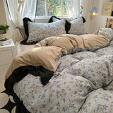 Shopmocho 1.5/1.8 Korean Style 100% Cotton Fitted Sheet Sets with Lace Flower Print Bedding Set for Seasons Home Bedclothes for Adult Kids