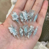 SHOPMOCHO 10Pcs Fashion Gentle Handwork Press On Nails French Style Flowers Butterfly Rhinestone Pearl Design Detachable False Nails Gift