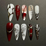 SHOPMOCHO 24Pcs Black Y2k Long False Nails with Almond Head Design Cat's Eye Silver Stripe Pattern Press on Fake Nails Wearable Nail Tips