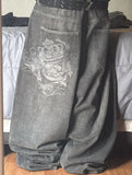 SHOPMOCHO American Fashion Printing Jeans Hip Hop Baggy Cross-legged Jeans Grey Wash Straight Mop Pants Men and Women