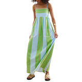 Shopmocho Combhasaki Women Summer Striped Adjustable Thin Spaghetti Straps Ric-Rac Trim Flowy Beachwear A-line Slip Cami Pocket Long Dress