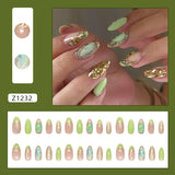 SHOPMOCHO 24pcs False Nails Glossy Green Summer Almond Fake Nail Tips Wearable Detachable Fashion Flower Print Press on Nails for Girl