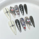 SHOPMOCHO Handmade Press on Nails Punk Cool Black Star Crocodile pattern False Nails Heavy Metal European Black Almond Fake Nail Patches