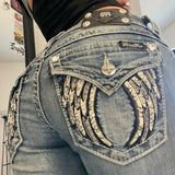 SHOPMOCHO American Vintage Y2K Rhinestone Wing Embroidered Jeans Womens Blue Low Rise Flared Denim Pants with Studded Pockets Streetwear