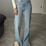SHOPMOCHO Autumn Dislocation Design High Waist Split Jeans Straight Trousers