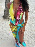 Shopmocho Weird Puss Colorful Leopard Women 2 Piece Set Y2K Beach Vacation Halter Tank Tops+Wrapped Maxi Skirts Matching Vacation Clubwear