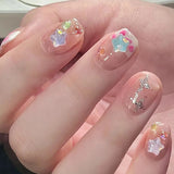 Shopmocho 24Pcs Pink Cat Blue Love Cute Short Ballet Press on False Nails Sweet French Cat Eye Bow Star Designs Style Detachable Nails Set
