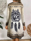 Shopmocho Women’s Long - Sleeve Bohemian Dress, Wolf Print Round neck Dress,Casual Festival & Daily Wear