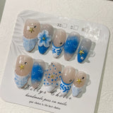 Shopmocho 10pcs French Almond Press on Nails Flower False Nails Wearable Stick-on Nails Fake Nail Uñas Postizas Mujer Накладные Ногти 네일팁