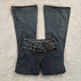SHOPMOCHO Y2K Vintage Low Rise Flare Jeans Women Harajuku Fashion Pockets Buckle Belt Blue Denim Pants Gothic Hot Girl Slim Fit Trousers
