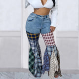 SHOPMOCHO Women Jeans 2025 Summer Fashion Spliced Houndstooth Denim Ruffle Edge Flared High Waist Jeans Pants Female Trousers Streetwear