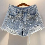 SHOPMOCHO Y2K Distressed Diamond Tassel Blue Short Jeans Ripped Loose Wide Leg Denim Shorts 2025 Korean Women Fashion Casual Shorts