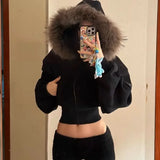 SHOPMOCHO Black Fur Collar Zipper Sweatshirt Simple Fashion Furry Collar Zipper Hooded Sweatshirt Vintage Y2k Zipper Hooded Sweatshirt