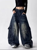 SHOPMOCHO 2025 American Retro Y2K Style Washed Distressed Blue Baggy Women's Cargo Jeans Pants For Woman Clothing Wide Leg Denim Trousers