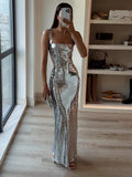 Shopmocho Sexy Sling Backless Silvery Maxi Dress For Women 2025 Fashion High Waist Bodycon Sleeveless Robes Female Evening Party Vestidos