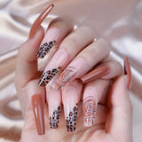 Shopmocho 24Pcs Long Coffin Leopard Print False Nails with Glue Sweet Cool Diamond Fake Nail Set Floral French Press on Wearable Nail Tips