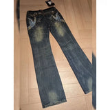 SHOPMOCHO Harajuku Streetwear Women Low Waist Flare Denim Jeans Y2K Vintage Washed Distressed Butterfly Embroidery Rivet Zipper Trousers