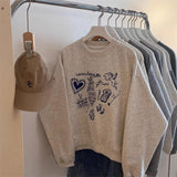 Shopmocho Korean Fashion Women's Gray Embroidered Round Neck Short Sweatshirts Autumn Long Sleeves Vacation Pullovers Tops Casual Popular