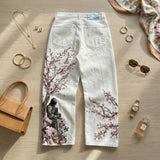 SHOPMOCHO Unisex White Red Tribal Flame Print Loose Wide Leg Jeans Y2K Grunge Streetwear Oversized Denim Pants