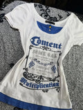 SHOPMOCHO American Retro Spice Girl T-shirt Y2K Harajuku White Blue Patchwork Fake Two Chic Tees Street Punk Letter Print Slimming Top