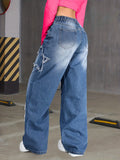 SHOPMOCHO Girl's Y2K New Five-Star Patch Trendy Straight-Leg Jeans, Elastic Waist, Comfortable Fabric, Suitable for All Seasons to Wear.