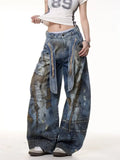 SHOPMOCHO American Heavy Industry Denim Pants Y2K Retro Messy Needle Ribbon Embroidery Wash Loose Casual High Waist Wide Leg Jeans