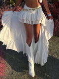 Shopmocho Women's Elastic Band Waist Flowy Skirt Irregular Ruffle Asymmetrical Midi White Boho Skirt Streetwear