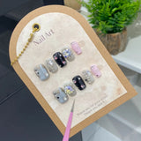 SHOPMOCHO 10Pcs Cute Handmade Press on Nails Short Korean Fake Nails with 3D Star Moon Nail Art Rhinestone Heart Artifical False Nails Art