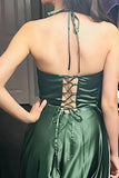 Shopmocho Satin Prom Dresses Pockets Draped Neck Long Formal Evening Gown Spaghetti Strap A line Bridesmaid Dress Lace Up Back with Slit