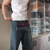 SHOPMOCHO Korean Version Retro Letter Printed Jeans For Men Loose Straight Leg Wide Leg Pants High Street Hip-Hop Design Casual Pants