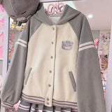 Shopmocho Japan Subculture Hooded Sweatshirt Women Single Breasted Long Sleeve Patchwork Coat Preppy Style Sweet Fall Casual Outwear