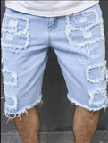SHOPMOCHO Men's denim shorts with summer frayed elastic men's casual pants slim-fit European-style shorts tight and worn-out men's pants