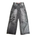 Shopmocho Mens Jeans Y2K Vintage Streetwear Black Gray Wide Leg Denim Pants Abstract Print Washed Distressed Loose Fit Dark Punk Fashion