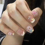 Shopmocho 24Pcs Pink Cat Blue Love Cute Short Ballet Press on False Nails Sweet French Cat Eye Bow Star Designs Style Detachable Nails Set