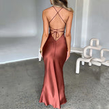 Shopmocho Sexy Satin Backless Lace Up Mermaid Slip Dress Women Sweetheart Neck Sexy Slim Bodycon Dresses Elegant Silk Gown Partywear