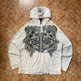 Shopmocho American Retro Rock Gothic Graphic Fur Collar Loose Zipper Sweatshirt Men's Y2K New Harajuku Punk Casual Joker Hoodie Streetwear