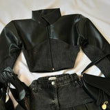 SHOPMOCHO Y2k Leather Denim Patchwork Two Piece Set Women Hip Hop Patchwork Zippered Long Sleeve Jacket Sexy Short Denim Skirt Fashion Set