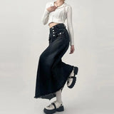 Shopmocho High-waisted Cargo Denim Skirt Women's Autumn Long A-line Mid-length Skirt  Retro Raw Edge Y2k Female Clothing Korean Style