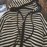 Shopmocho Oversized Knitted Striped Hooded Cardigan Women Autumn Winter Loose Casual Zipper Sweaters Versatile Knitting Outerwear