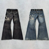 SHOPMOCHO Y2K new American retro embroidery pattern women horn -shaped jeans street fashion Gothic slim mop pants women jeans