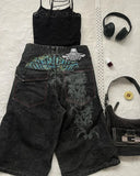 SHOPMOCHO Summer Black Skull Pattern Print Retro Men's Denim Shorts Y2K Street Jeans Sports Pants Commuting Casual Men's Wear