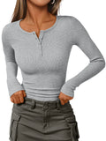 SHOPMOCHO Fashionable Women's Long Sleeve Slim Fit Autumn 2025 Henry Collar T-Shirt Ribbed Basic Style Top for Ladies