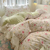 Shopmocho 1.5/1.8 Korean Style 100% Cotton Fitted Sheet Sets with Lace Flower Print Bedding Set for Seasons Home Bedclothes for Adult Kids