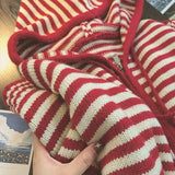 SHOPMOCHO Contrast Color Stripe Hood Knit Cardigan Women Autumn and Winter New Loose Design Sense Long Sleeve Cardigan Sweater Outerwear