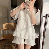 SHOPMOCHO Palace Style Pajamas Ladies Summer Loungewear Set Short-Sleeved with Cushion Korean Small Sweet Girlfriends Loungewear Set