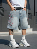 SHOPMOCHO Men's Light Blue Cherry Blossom Embroidered Denim Shorts, Loose Wide-Leg Streetwear Trendy Denim Capris